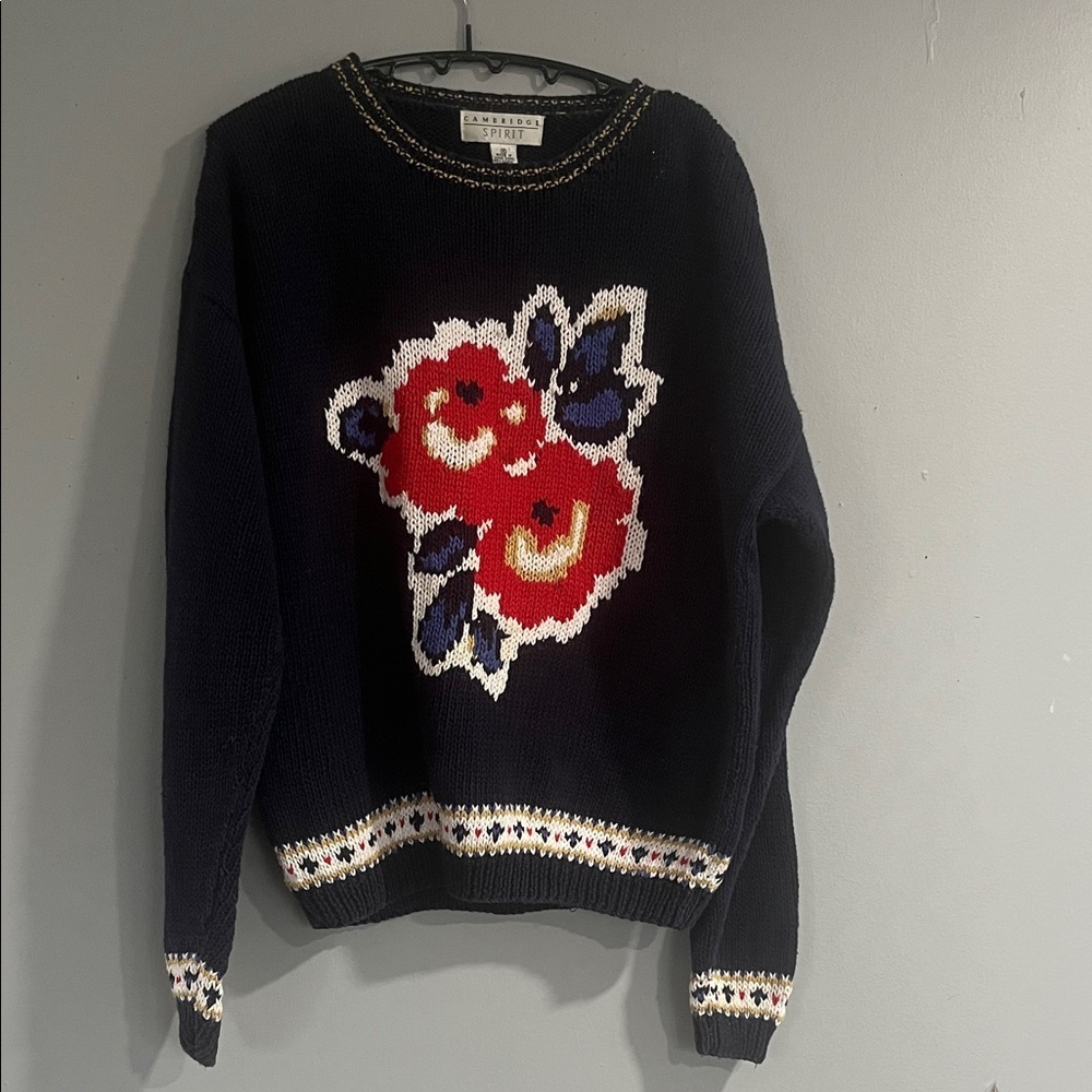 Vintage Cambridge Soirit Navy Floral Knit Sweater Medium
